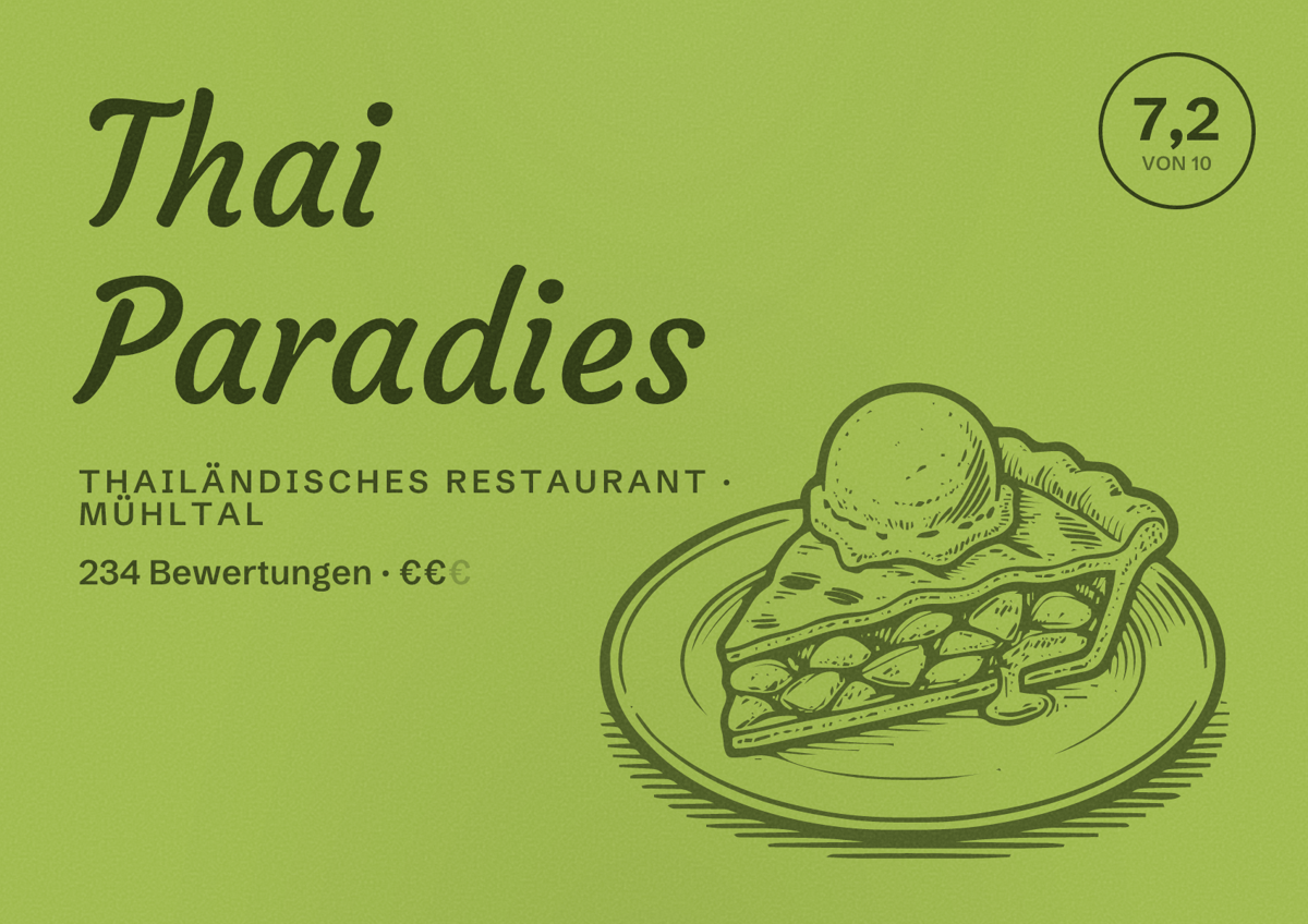 Illustriertes Poster von Thai Paradies, Thailändisches Restaurant in Mühltal: Bewertung 7,2 von 10 aus 234 Bewertungen, Preisniveau €€