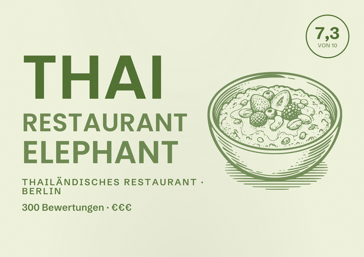 Illustriertes Poster von Thai Restaurant Elephant, Thailändisches Restaurant in Berlin: Bewertung 7,3 von 10 aus 300 Bewertungen, Preisniveau €€€