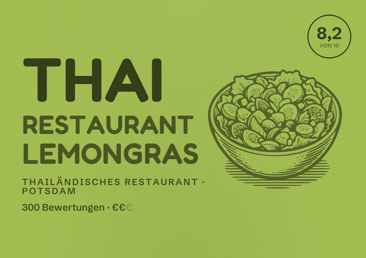 Illustriertes Poster von Thai Restaurant LemonGras, Thailändisches Restaurant in Potsdam: Bewertung 8,2 von 10 aus 300 Bewertungen, Preisniveau €€