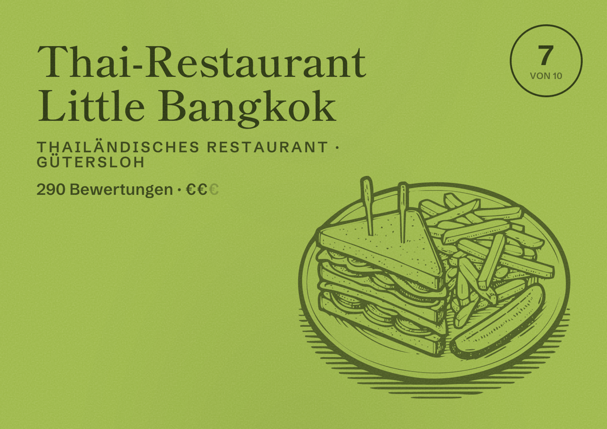 Illustriertes Poster von Thai-Restaurant Little Bangkok, Thailändisches Restaurant in Gütersloh: Bewertung 7 von 10 aus 290 Bewertungen, Preisniveau €€