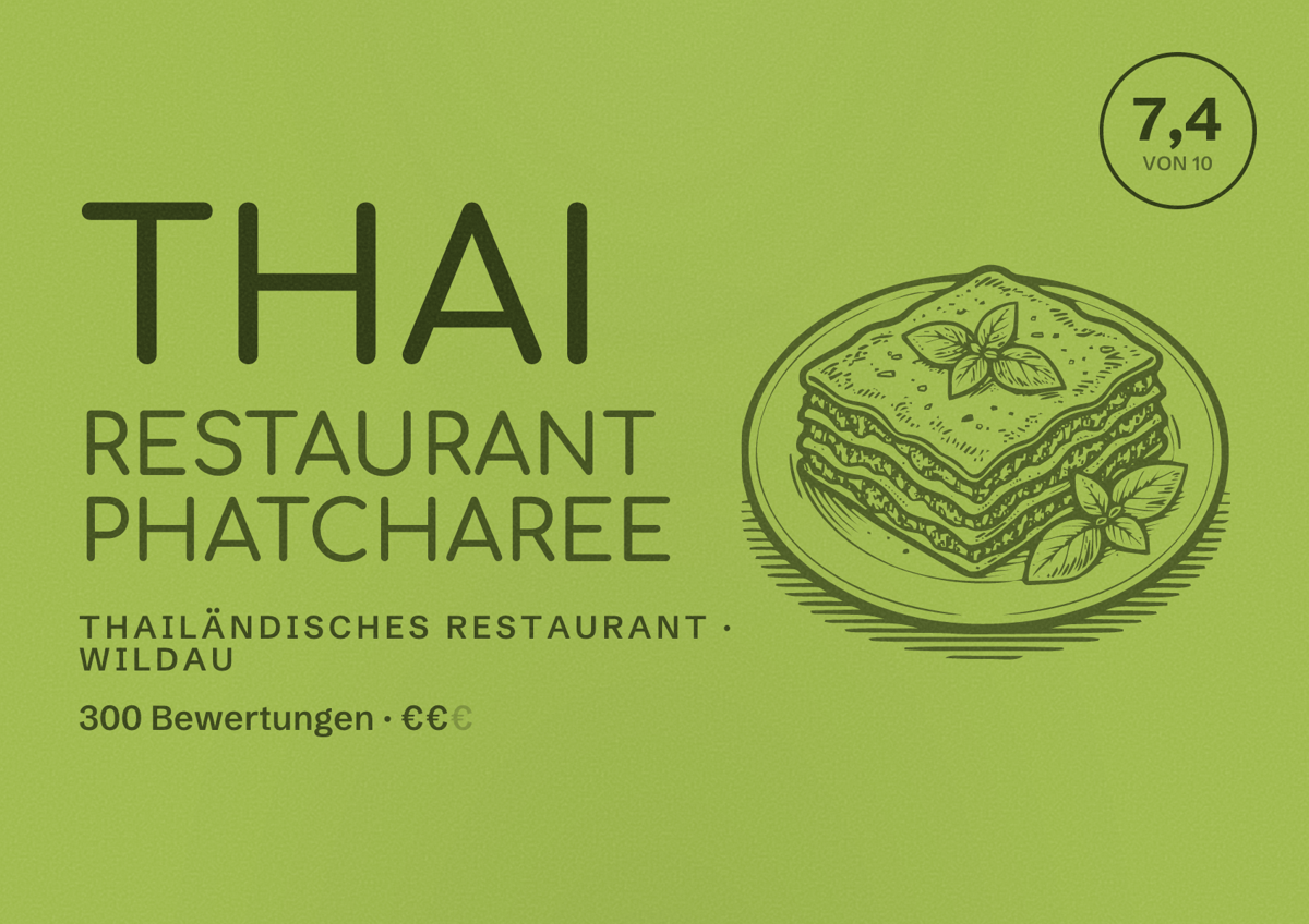 Illustriertes Poster von Thai Restaurant Phatcharee, Thailändisches Restaurant in Wildau: Bewertung 7,4 von 10 aus 300 Bewertungen, Preisniveau €€