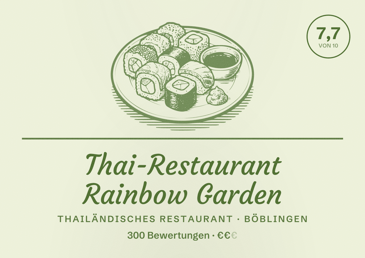 Illustriertes Poster von Thai-Restaurant Rainbow Garden, Thailändisches Restaurant in Böblingen: Bewertung 7,7 von 10 aus 300 Bewertungen, Preisniveau €€