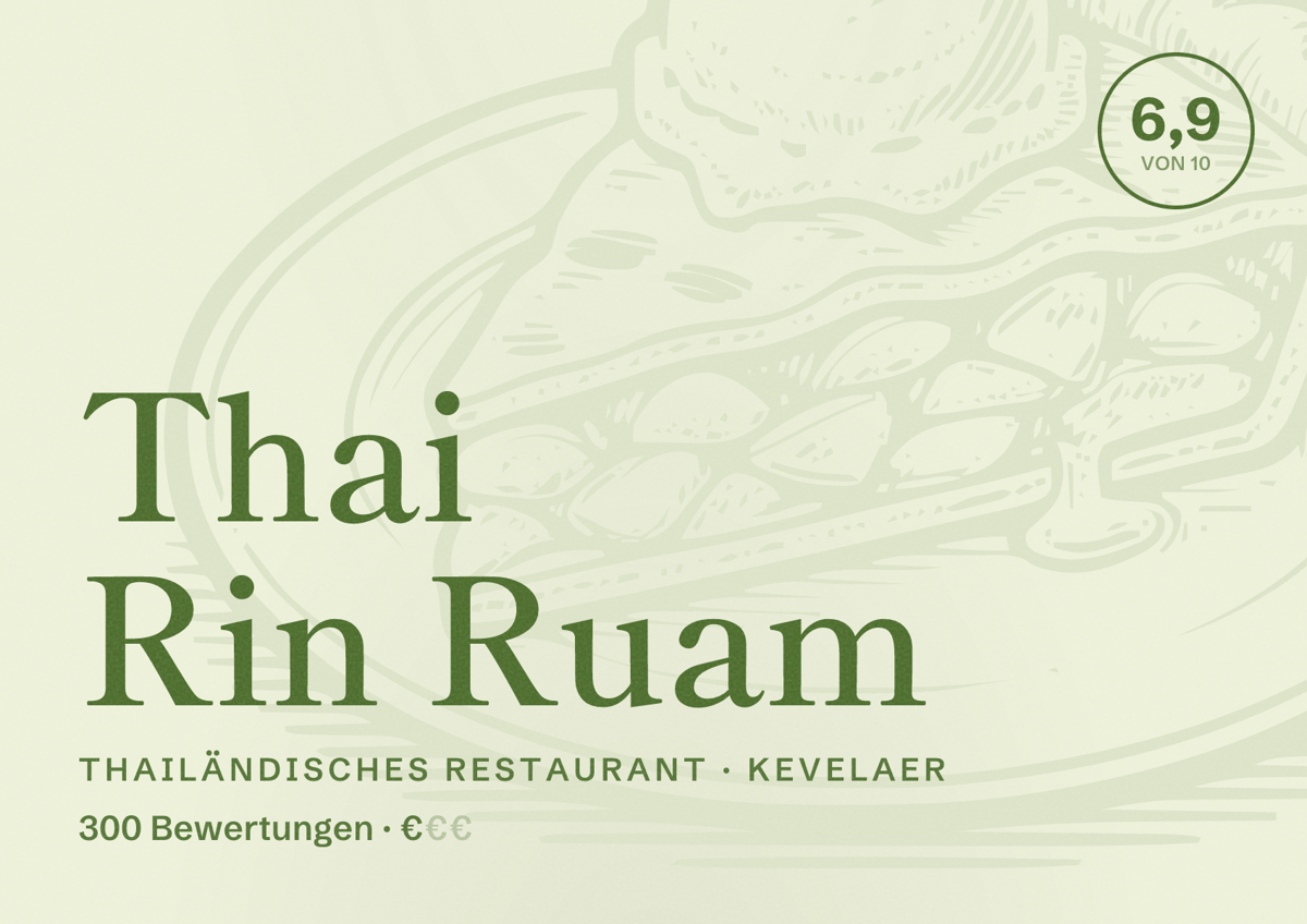 Illustriertes Poster von Thai Rin Ruam, Thailändisches Restaurant in Kevelaer: Bewertung 6,9 von 10 aus 300 Bewertungen, Preisniveau €