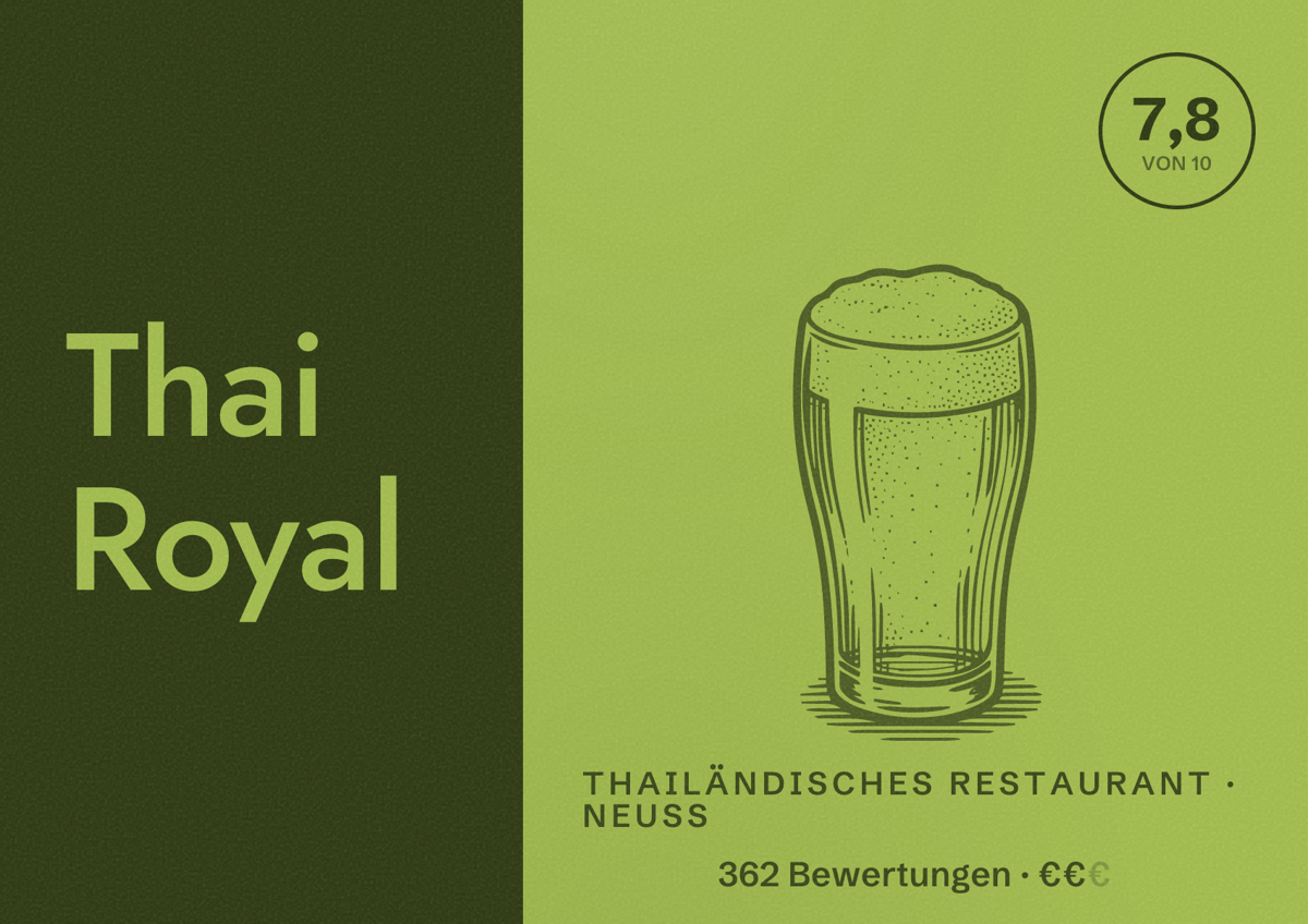 Illustriertes Poster von Thai Royal, Thailändisches Restaurant in Neuss: Bewertung 7,8 von 10 aus 362 Bewertungen, Preisniveau €€