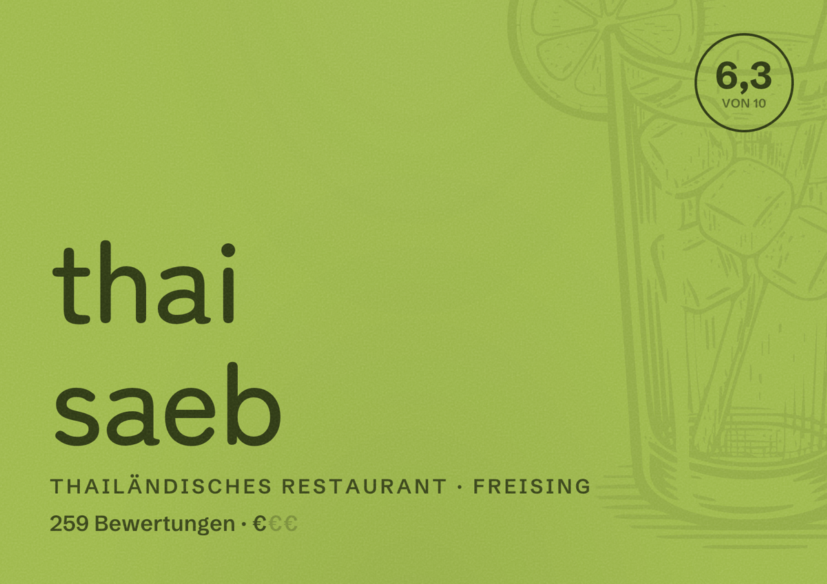 Illustriertes Poster von thai saeb, Thailändisches Restaurant in Freising: Bewertung 6,3 von 10 aus 259 Bewertungen, Preisniveau €