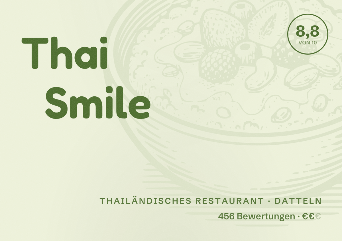 Illustriertes Poster von Thai Smile, Thailändisches Restaurant in Datteln: Bewertung 8,8 von 10 aus 456 Bewertungen, Preisniveau €€