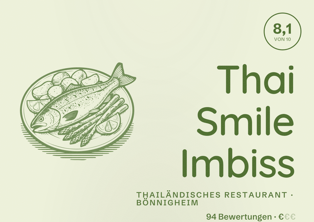 Illustriertes Poster von Thai Smile Imbiss, Thailändisches Restaurant in Bönnigheim: Bewertung 8,1 von 10 aus 94 Bewertungen, Preisniveau €