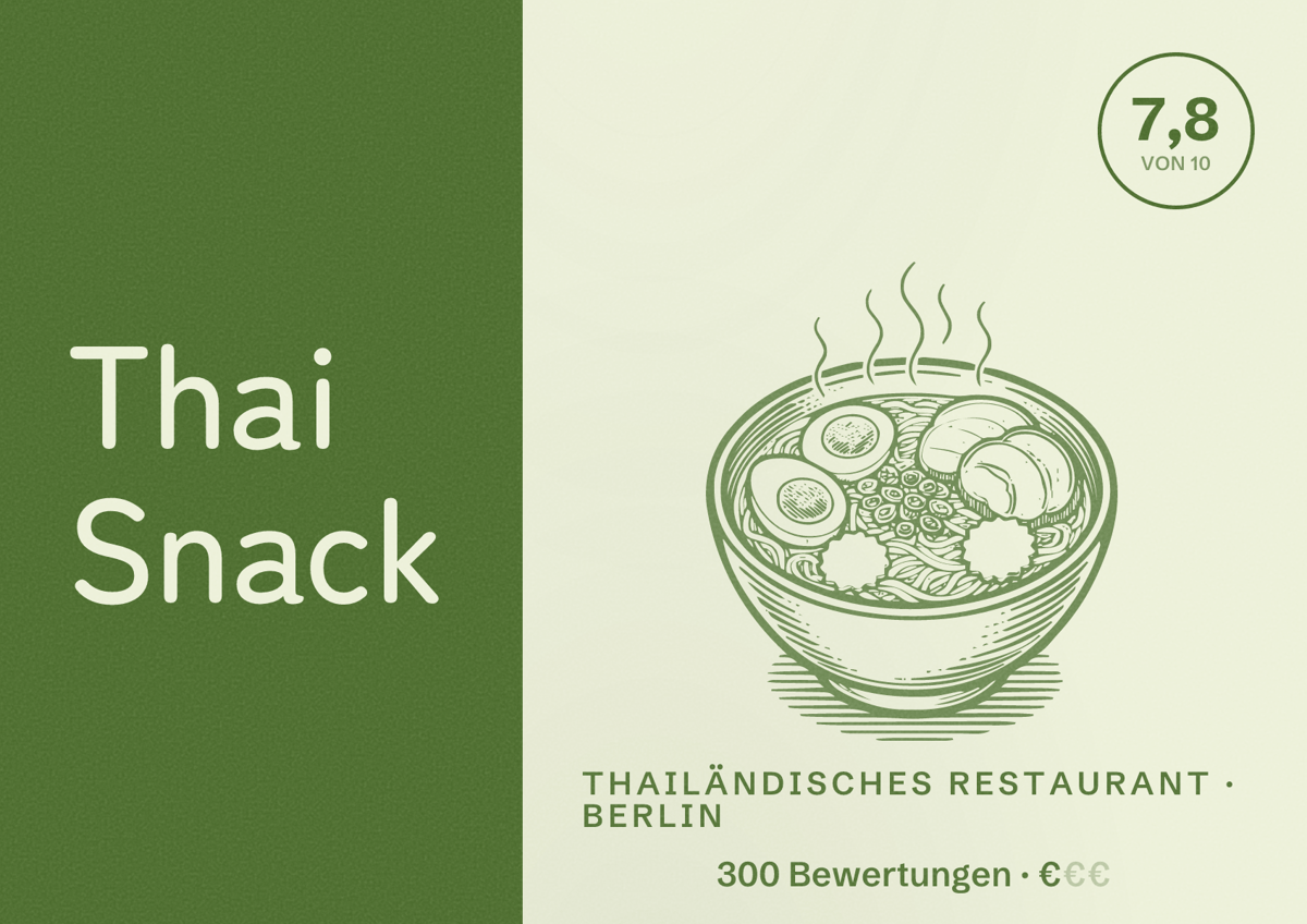 Illustriertes Poster von Thai Snack, Thailändisches Restaurant in Berlin: Bewertung 7,8 von 10 aus 300 Bewertungen, Preisniveau €