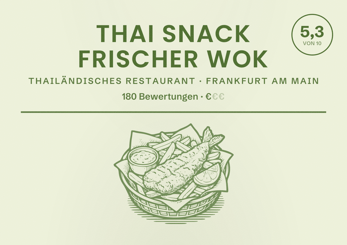Illustriertes Poster von Thai Snack Frischer Wok, Thailändisches Restaurant in Frankfurt am Main: Bewertung 5,3 von 10 aus 180 Bewertungen, Preisniveau €