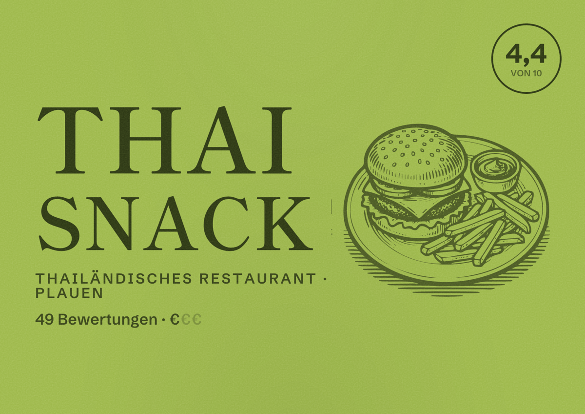 Illustriertes Poster von Thai Snack, Thailändisches Restaurant in Plauen: Bewertung 4,4 von 10 aus 49 Bewertungen, Preisniveau €