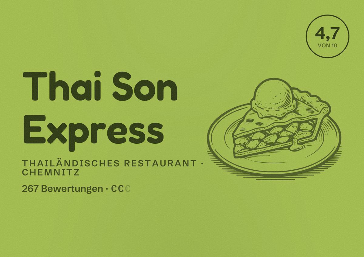 Illustriertes Poster von Thai Son Express, Thailändisches Restaurant in Chemnitz: Bewertung 4,7 von 10 aus 267 Bewertungen, Preisniveau €€