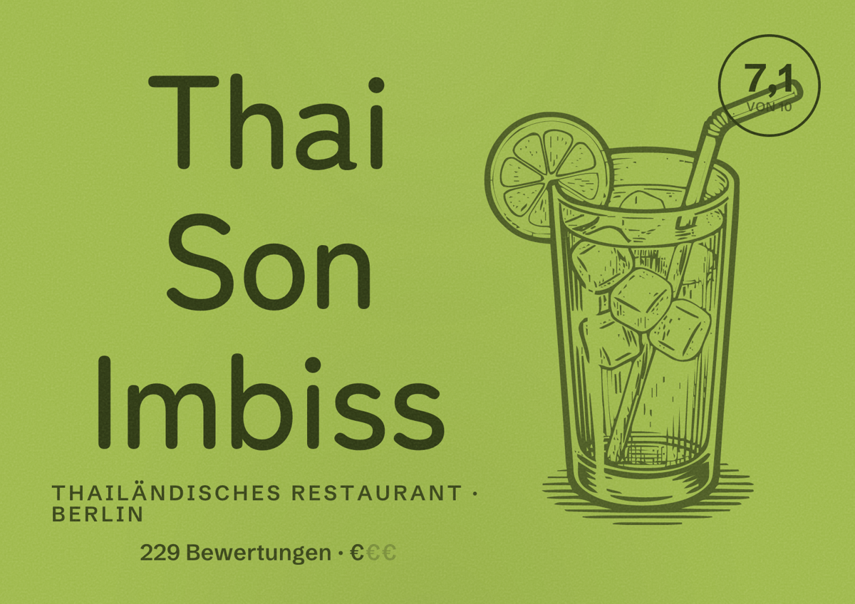 Illustriertes Poster von Thai Son Imbiss, Thailändisches Restaurant in Berlin: Bewertung 7,1 von 10 aus 229 Bewertungen, Preisniveau €