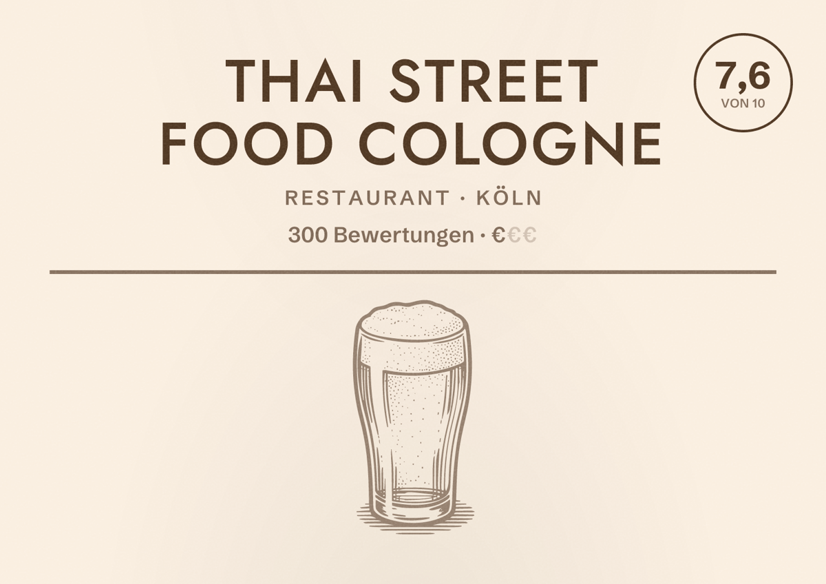Illustriertes Poster von Thai Street Food Cologne, Restaurant in Köln: Bewertung 7,6 von 10 aus 300 Bewertungen, Preisniveau €