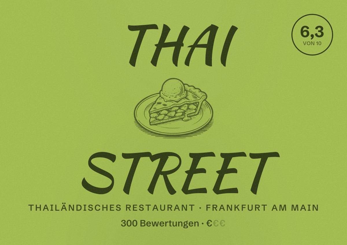 Illustriertes Poster von THAI STREET, Thailändisches Restaurant in Frankfurt am Main: Bewertung 6,3 von 10 aus 300 Bewertungen, Preisniveau €
