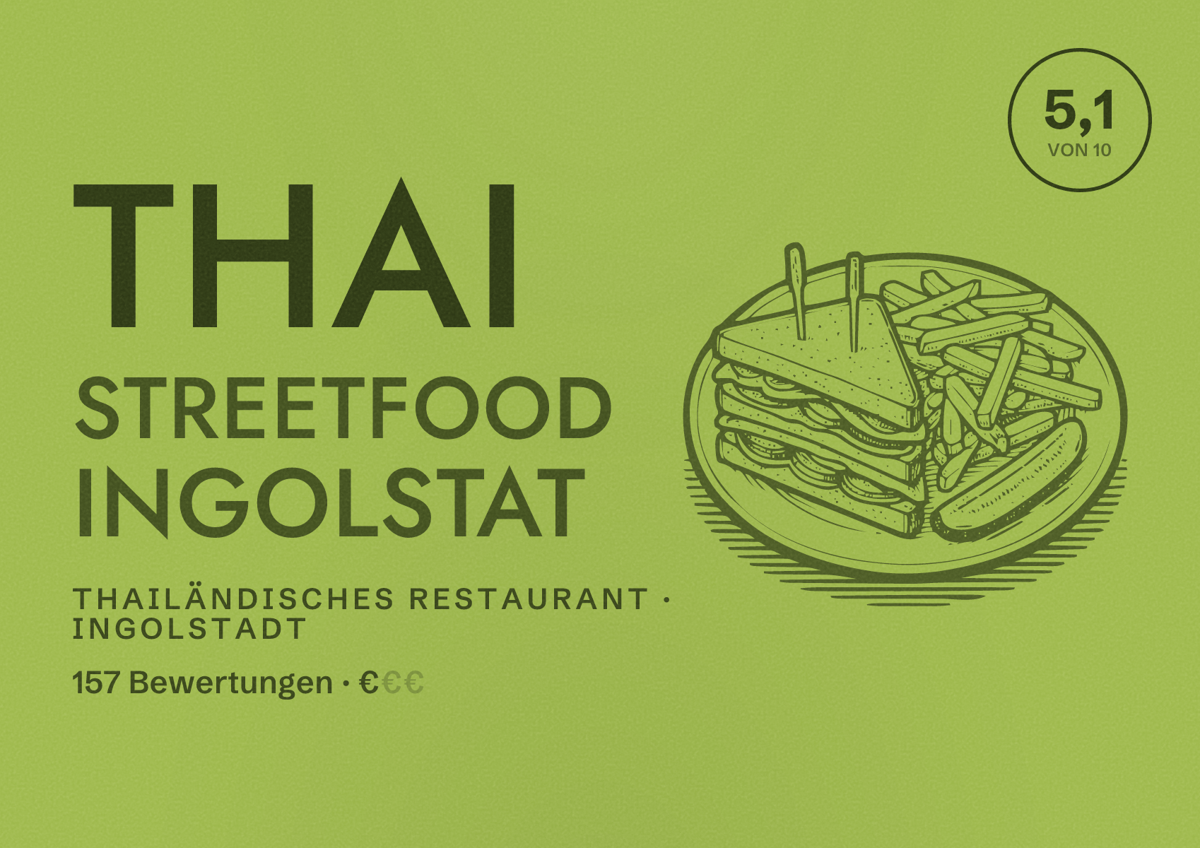 Illustriertes Poster von Thai Streetfood Ingolstat, Thailändisches Restaurant in Ingolstadt: Bewertung 5,1 von 10 aus 157 Bewertungen, Preisniveau €