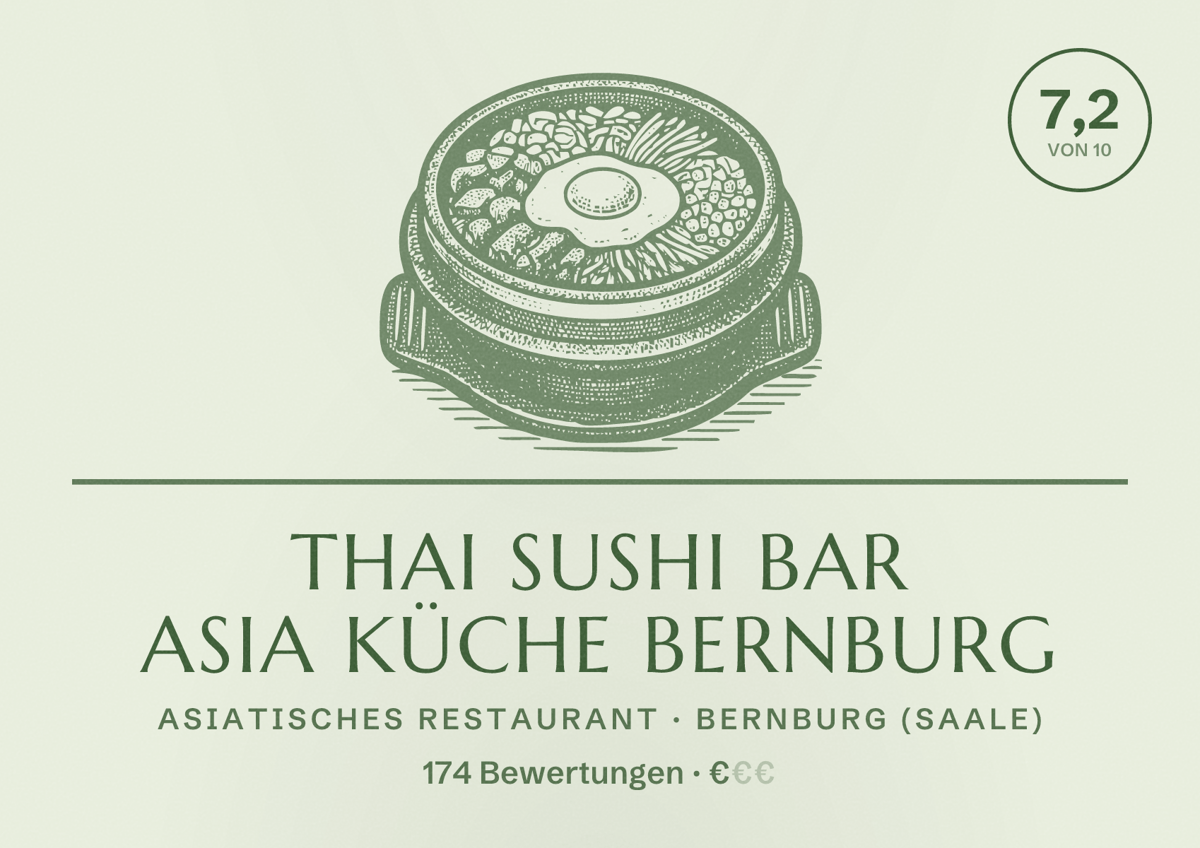 Illustriertes Poster von Thai Sushi Bar Asia Küche Bernburg, Asiatisches Restaurant in Bernburg (Saale): Bewertung 7,2 von 10 aus 174 Bewertungen, Preisniveau €