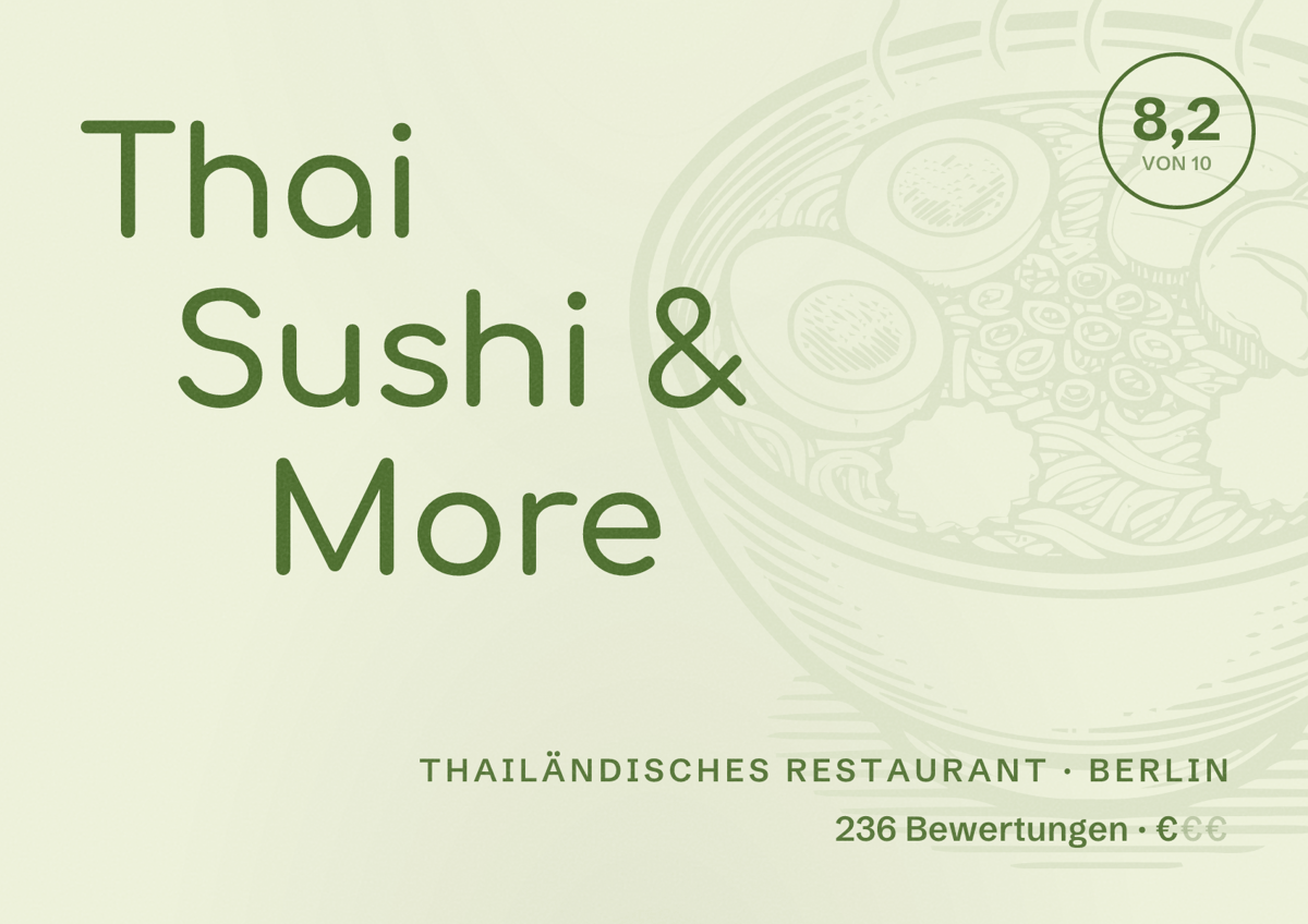 Illustriertes Poster von Thai Sushi & More, Thailändisches Restaurant in Berlin: Bewertung 8,2 von 10 aus 236 Bewertungen, Preisniveau €