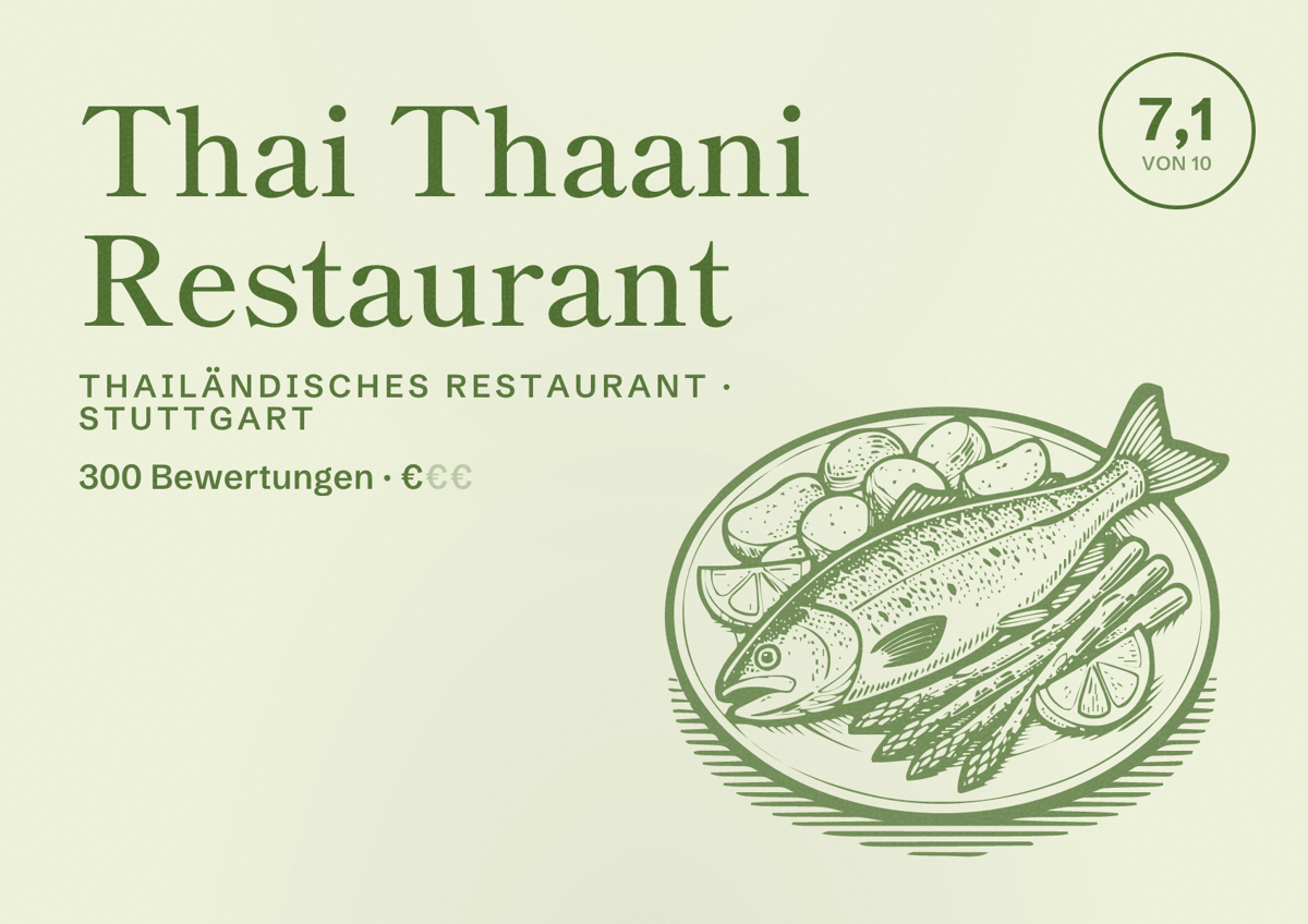 Illustriertes Poster von Thai Thaani Restaurant, Thailändisches Restaurant in Stuttgart: Bewertung 7,1 von 10 aus 300 Bewertungen, Preisniveau €