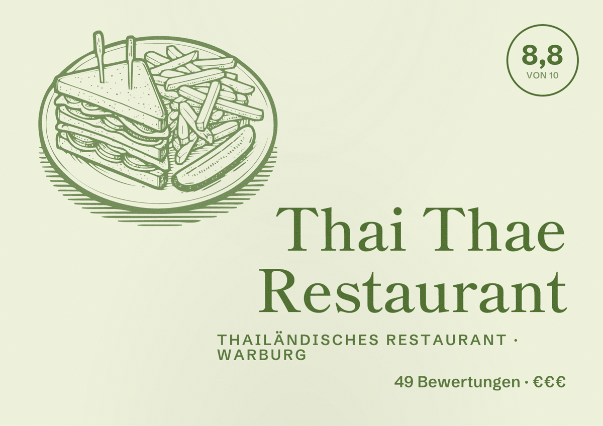 Illustriertes Poster von Thai Thae Restaurant, Thailändisches Restaurant in Warburg: Bewertung 8,8 von 10 aus 49 Bewertungen, Preisniveau €€€