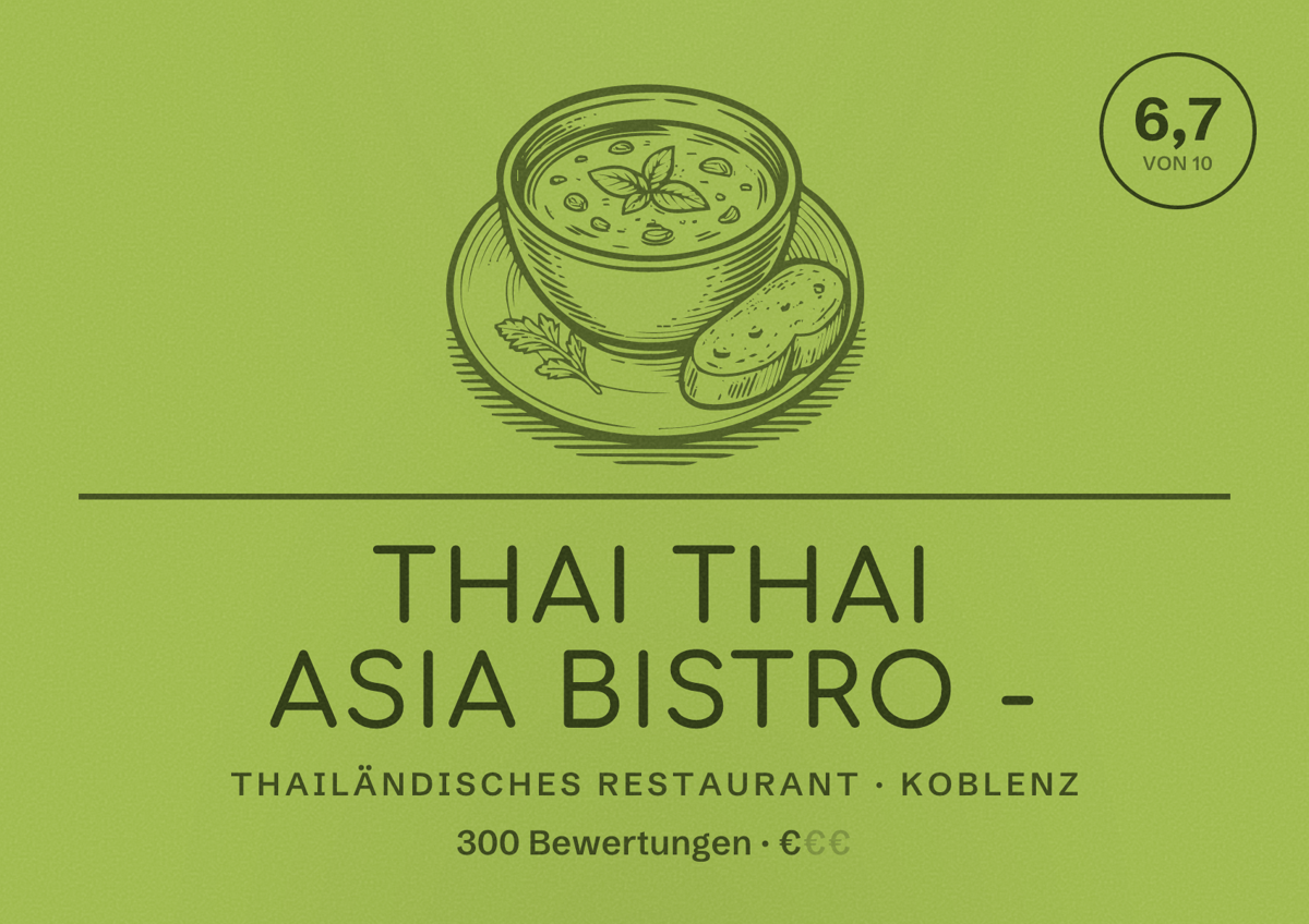 Illustriertes Poster von Thai Thai Asia Bistro -, Thailändisches Restaurant in Koblenz: Bewertung 6,7 von 10 aus 300 Bewertungen, Preisniveau €