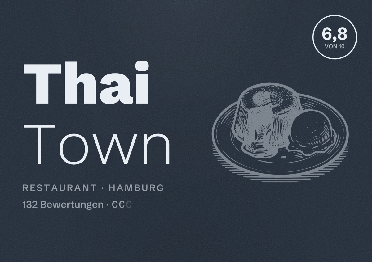 Illustriertes Poster von Thai Town, Restaurant in Hamburg: Bewertung 6,8 von 10 aus 132 Bewertungen, Preisniveau €€