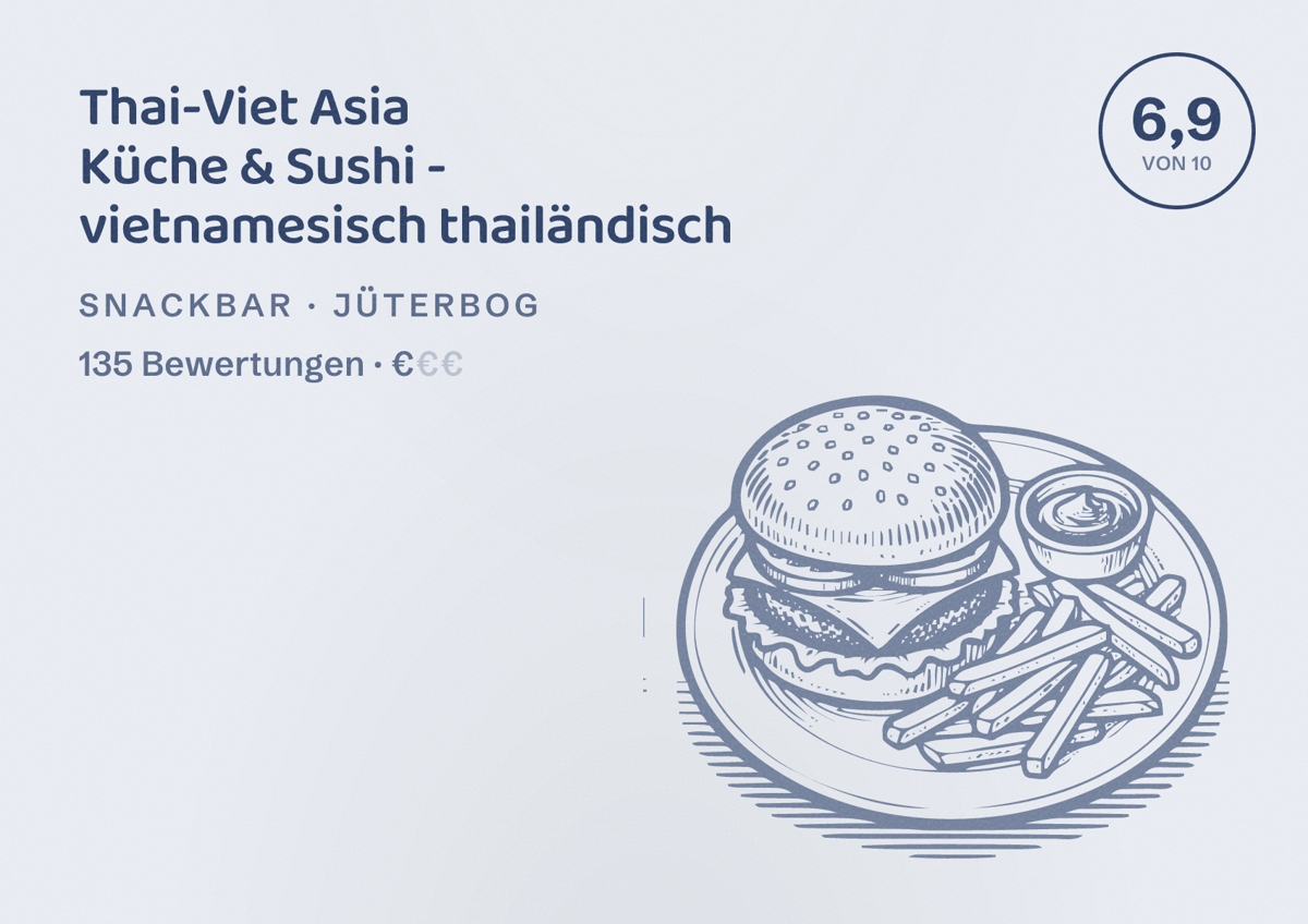 Illustriertes Poster von Thai-Viet Asia Küche & Sushi - vietnamesisch thailändisch, Snackbar in Jüterbog: Bewertung 6,9 von 10 aus 135 Bewertungen, Preisniveau €