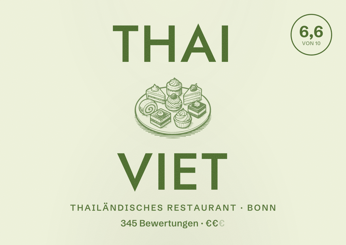 Illustriertes Poster von Thai Viet, Thailändisches Restaurant in Bonn: Bewertung 6,6 von 10 aus 345 Bewertungen, Preisniveau €€
