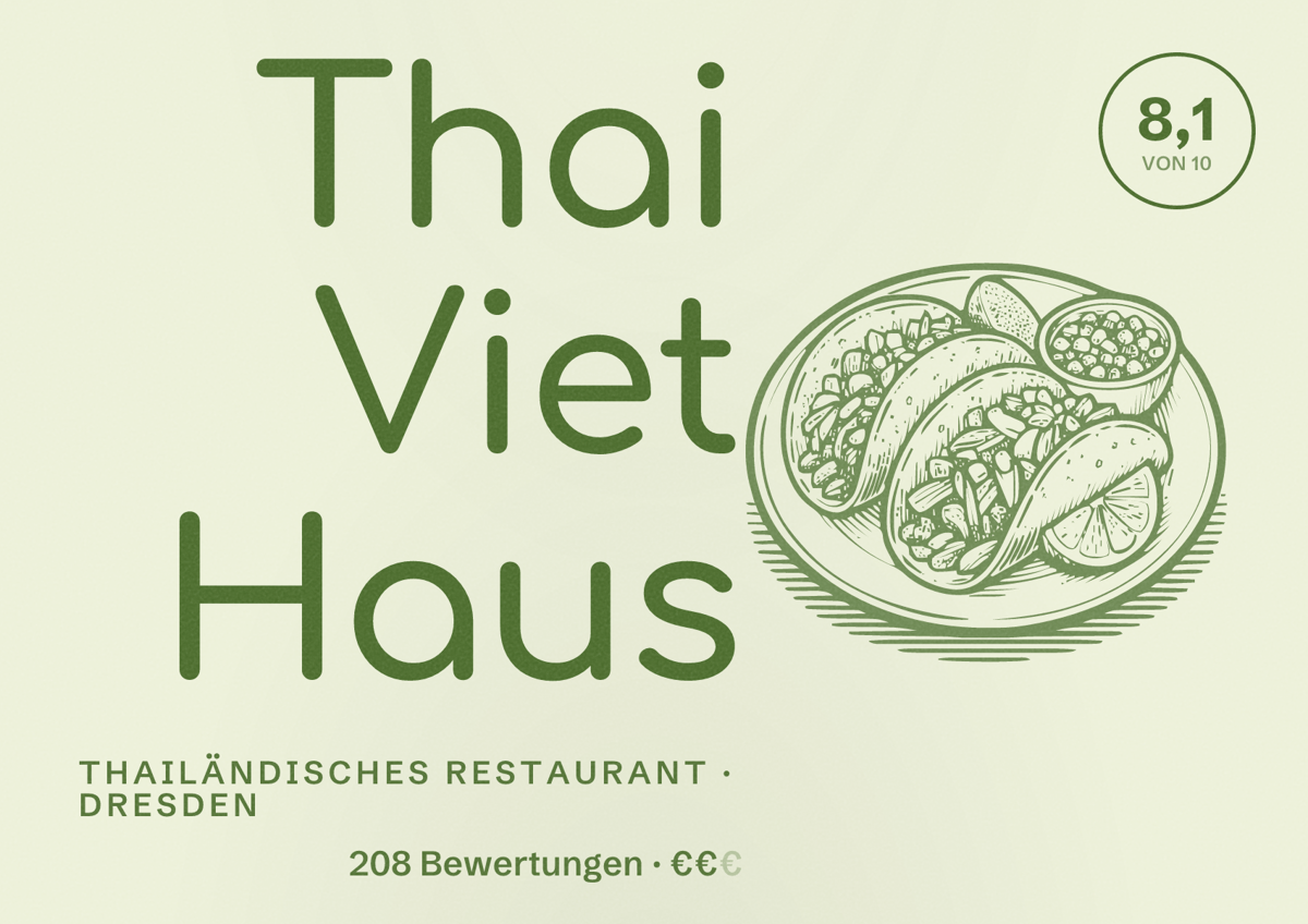 Illustriertes Poster von Thai Viet Haus, Thailändisches Restaurant in Dresden: Bewertung 8,1 von 10 aus 208 Bewertungen, Preisniveau €€