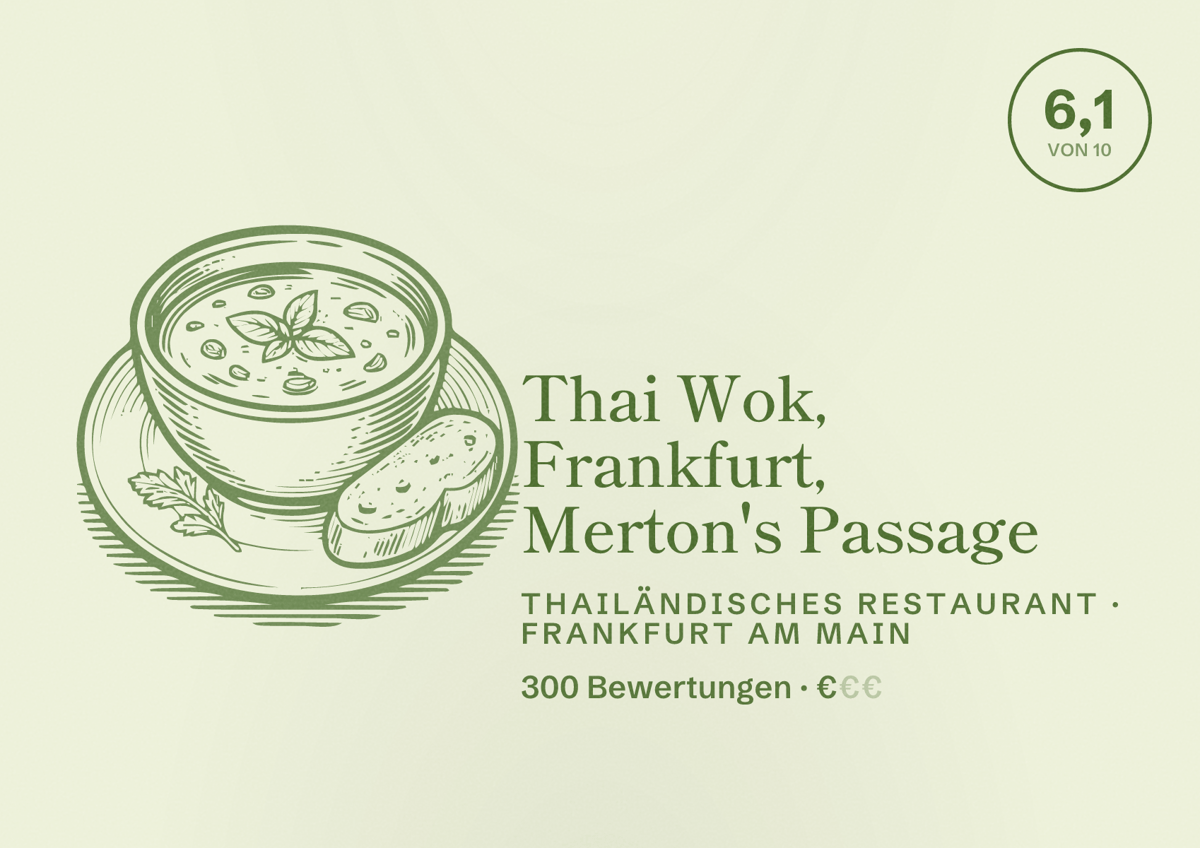 Illustriertes Poster von Thai Wok, Frankfurt, Merton's Passage, Thailändisches Restaurant in Frankfurt am Main: Bewertung 6,1 von 10 aus 300 Bewertungen, Preisniveau €