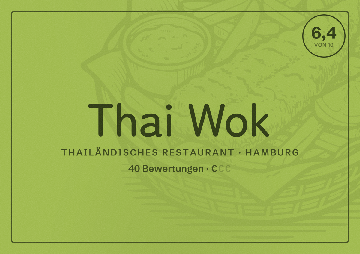 Illustriertes Poster von Thai Wok, Thailändisches Restaurant in Hamburg: Bewertung 6,4 von 10 aus 40 Bewertungen, Preisniveau €