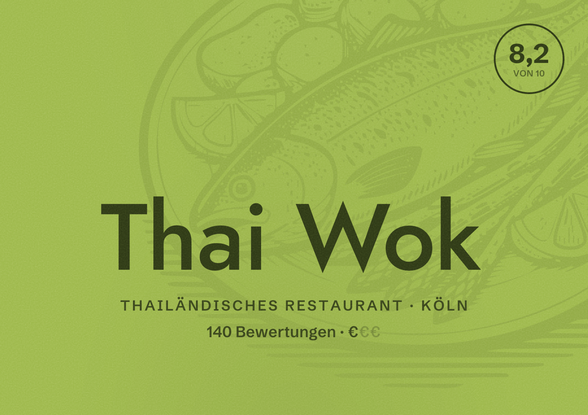 Illustriertes Poster von Thai Wok, Thailändisches Restaurant in Köln: Bewertung 8,2 von 10 aus 140 Bewertungen, Preisniveau €