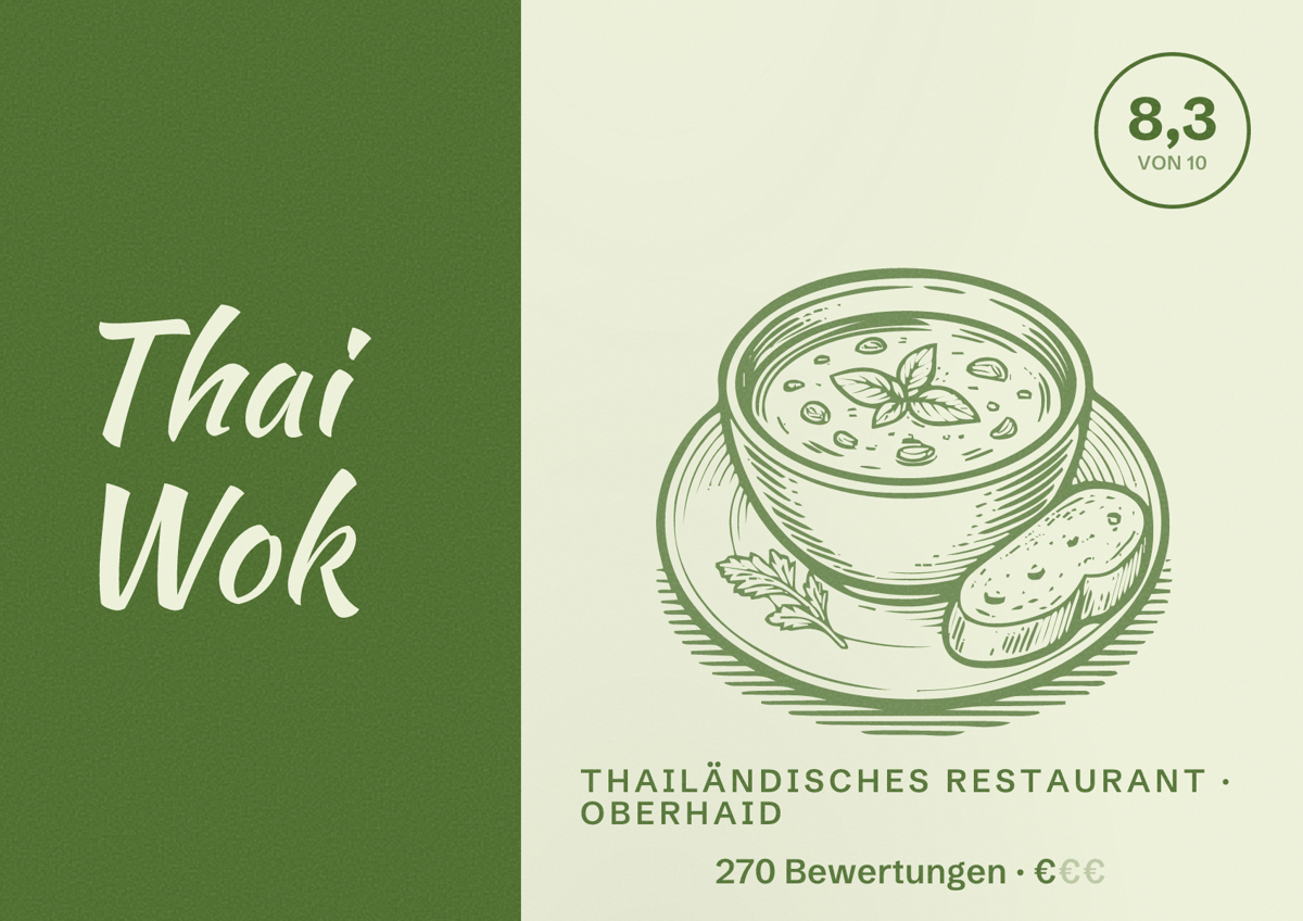 Illustriertes Poster von Thai Wok, Thailändisches Restaurant in Oberhaid: Bewertung 8,3 von 10 aus 270 Bewertungen, Preisniveau €