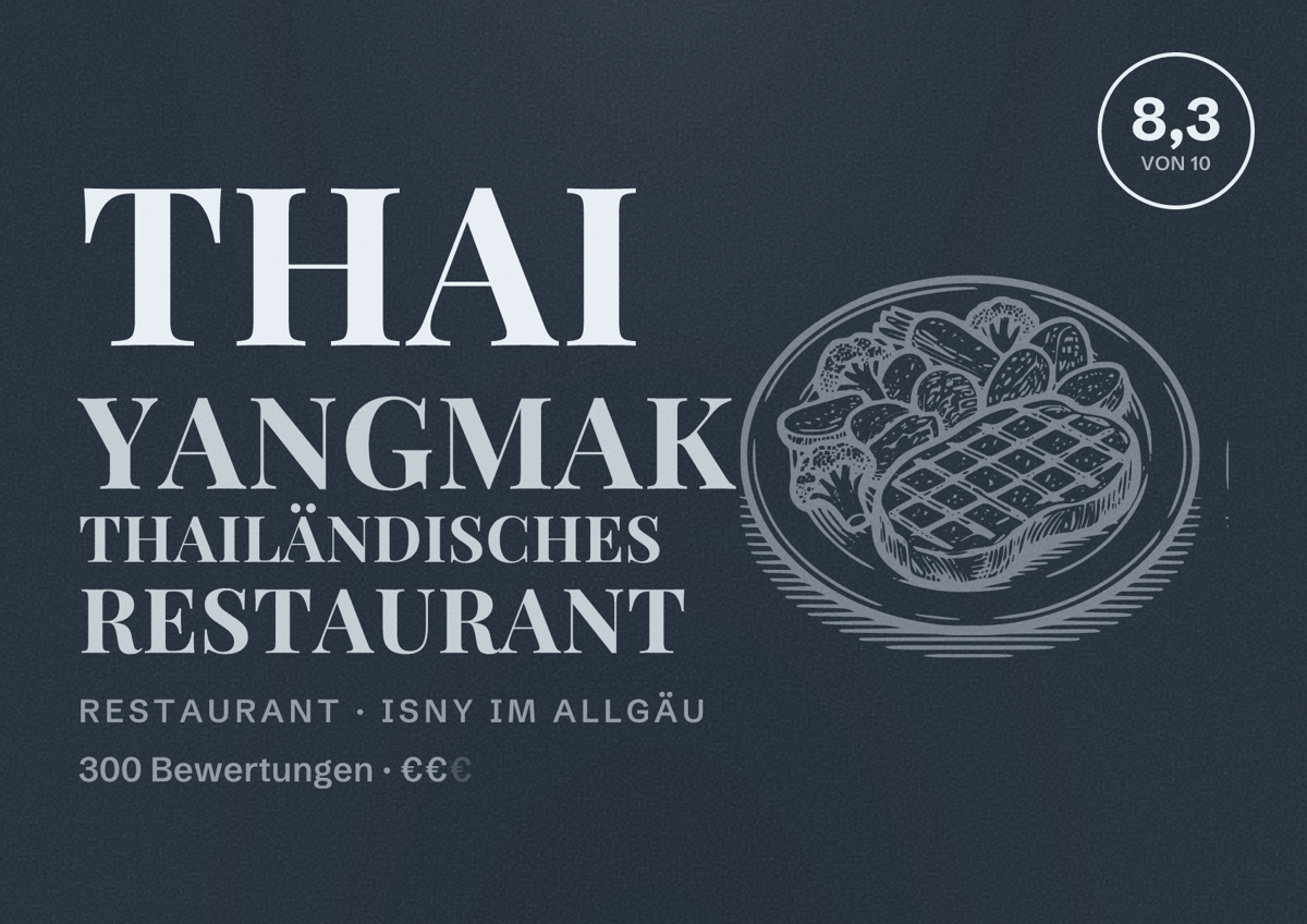 Illustriertes Poster von Thai Yangmak Thailändisches Restaurant, Restaurant in Isny im Allgäu: Bewertung 8,3 von 10 aus 300 Bewertungen, Preisniveau €€
