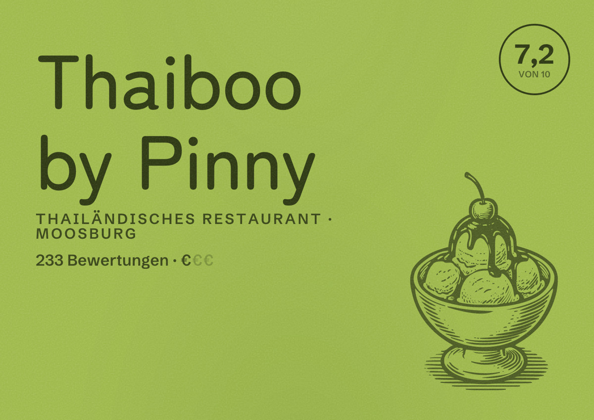 Illustriertes Poster von Thaiboo by Pinny, Thailändisches Restaurant in Moosburg: Bewertung 7,2 von 10 aus 233 Bewertungen, Preisniveau €