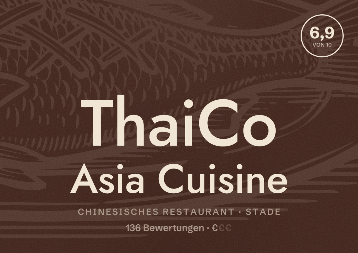 Illustriertes Poster von ThaiCo Asia Cuisine, Chinesisches Restaurant in Stade: Bewertung 6,9 von 10 aus 136 Bewertungen, Preisniveau €