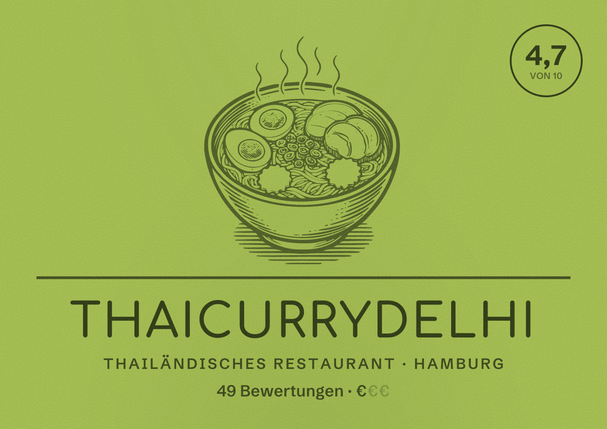 Illustriertes Poster von ThaiCurryDelhi, Thailändisches Restaurant in Hamburg: Bewertung 4,7 von 10 aus 49 Bewertungen, Preisniveau €