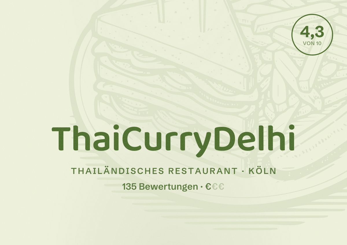 Illustriertes Poster von ThaiCurryDelhi, Thailändisches Restaurant in Köln: Bewertung 4,3 von 10 aus 135 Bewertungen, Preisniveau €