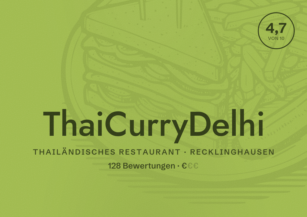 Illustriertes Poster von ThaiCurryDelhi, Thailändisches Restaurant in Recklinghausen: Bewertung 4,7 von 10 aus 128 Bewertungen, Preisniveau €