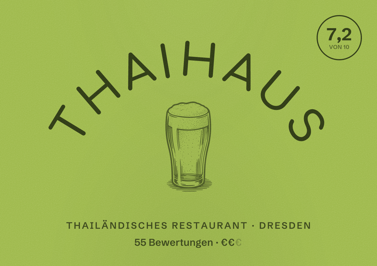 Illustriertes Poster von Thaihaus, Thailändisches Restaurant in Dresden: Bewertung 7,2 von 10 aus 55 Bewertungen, Preisniveau €€
