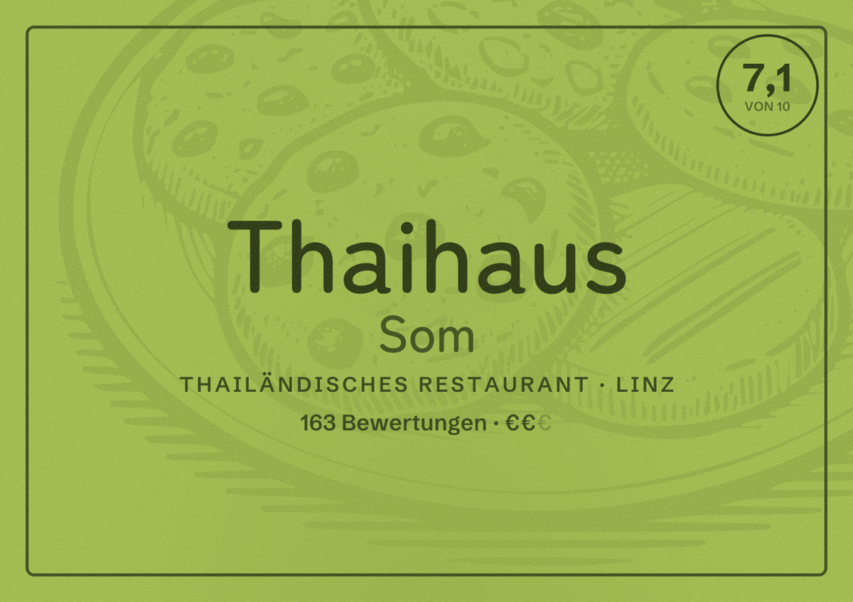 Illustriertes Poster von Thaihaus Som, Thailändisches Restaurant in Linz: Bewertung 7,1 von 10 aus 163 Bewertungen, Preisniveau €€