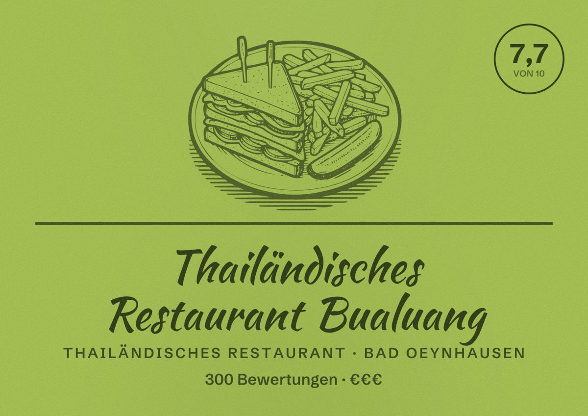 Illustriertes Poster von Thailändisches Restaurant Bualuang, Thailändisches Restaurant in Bad Oeynhausen: Bewertung 7,7 von 10 aus 300 Bewertungen, Preisniveau €€€