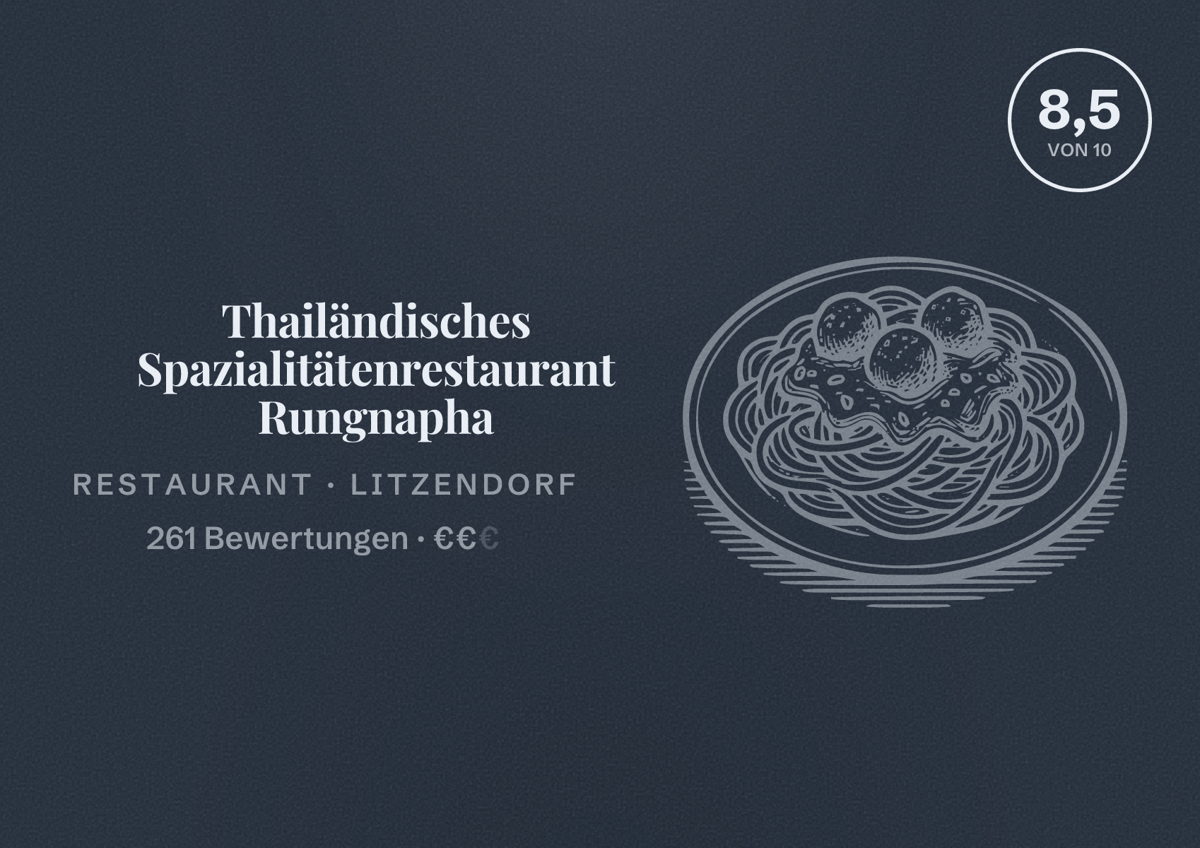Illustriertes Poster von Thailändisches Spazialitätenrestaurant Rungnapha, Restaurant in Litzendorf: Bewertung 8,5 von 10 aus 261 Bewertungen, Preisniveau €€