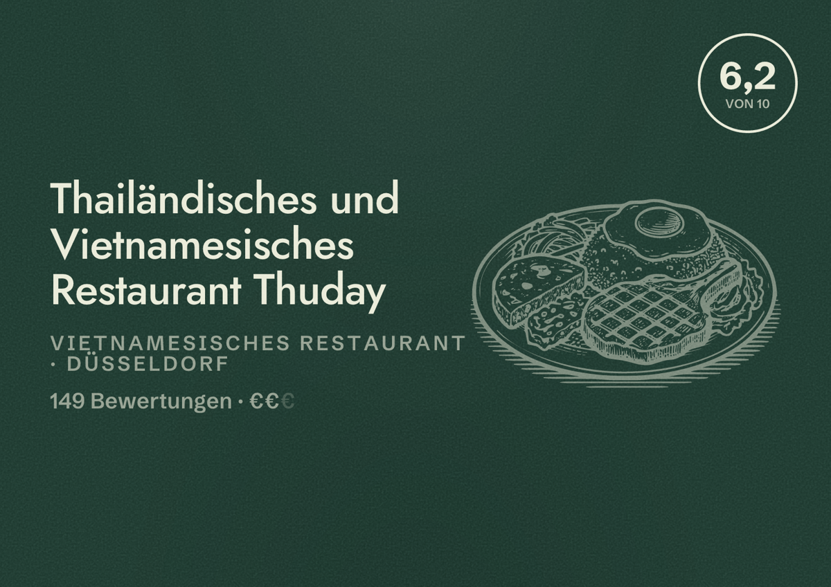 Illustriertes Poster von Thailändisches und Vietnamesisches Restaurant Thuday, Vietnamesisches Restaurant in Düsseldorf: Bewertung 6,2 von 10 aus 149 Bewertungen, Preisniveau €€
