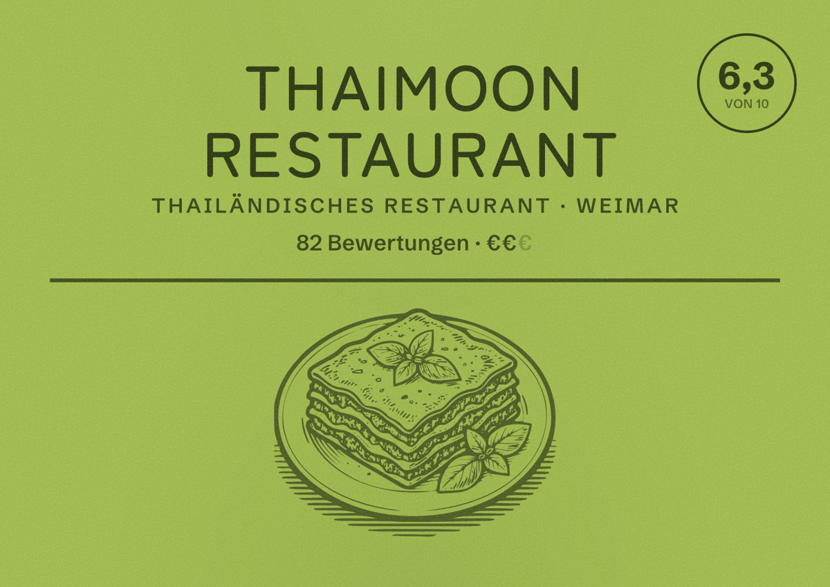 Illustriertes Poster von Thaimoon Restaurant, Thailändisches Restaurant in Weimar: Bewertung 6,3 von 10 aus 82 Bewertungen, Preisniveau €€