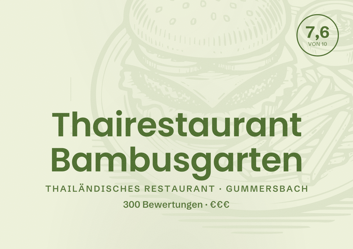 Illustriertes Poster von Thairestaurant Bambusgarten, Thailändisches Restaurant in Gummersbach: Bewertung 7,6 von 10 aus 300 Bewertungen, Preisniveau €€€