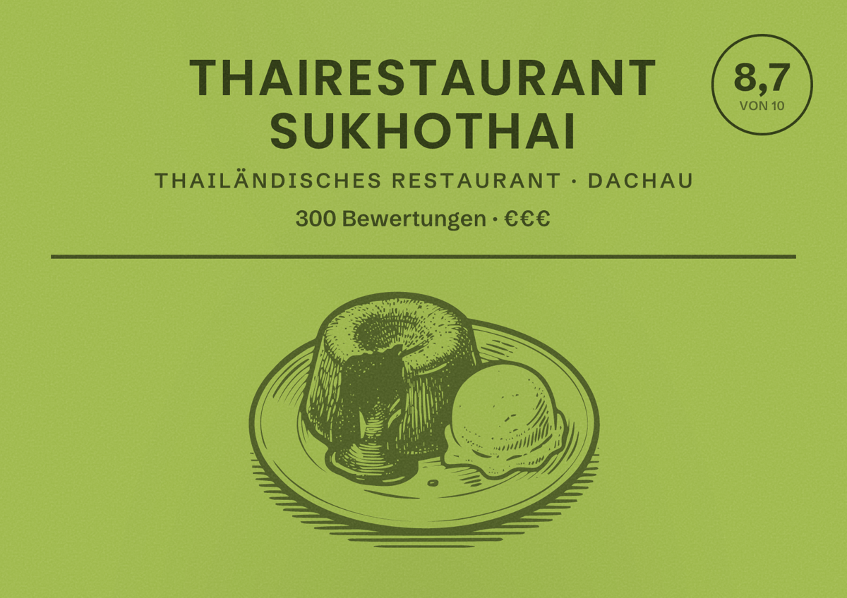 Illustriertes Poster von Thairestaurant Sukhothai, Thailändisches Restaurant in Dachau: Bewertung 8,7 von 10 aus 300 Bewertungen, Preisniveau €€€