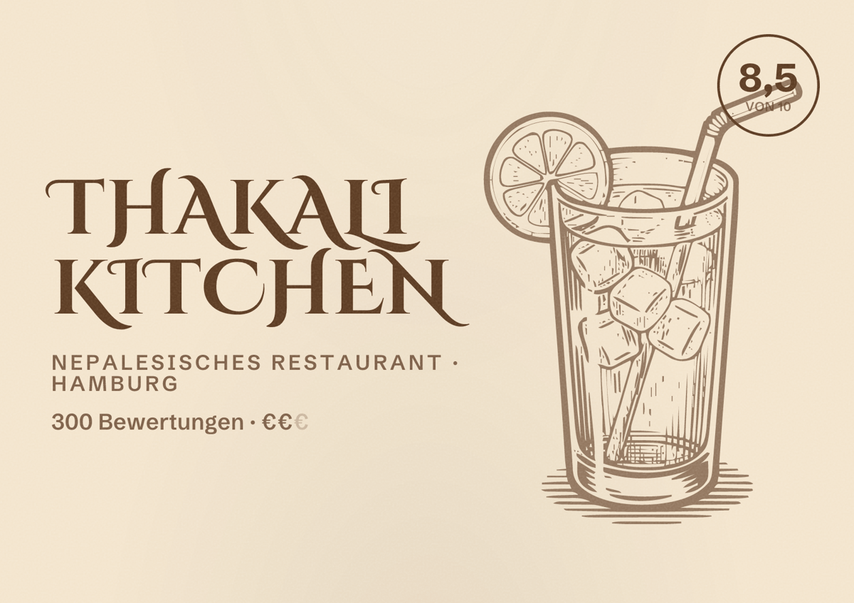 Illustriertes Poster von Thakali Kitchen, Nepalesisches Restaurant in Hamburg: Bewertung 8,5 von 10 aus 300 Bewertungen, Preisniveau €€