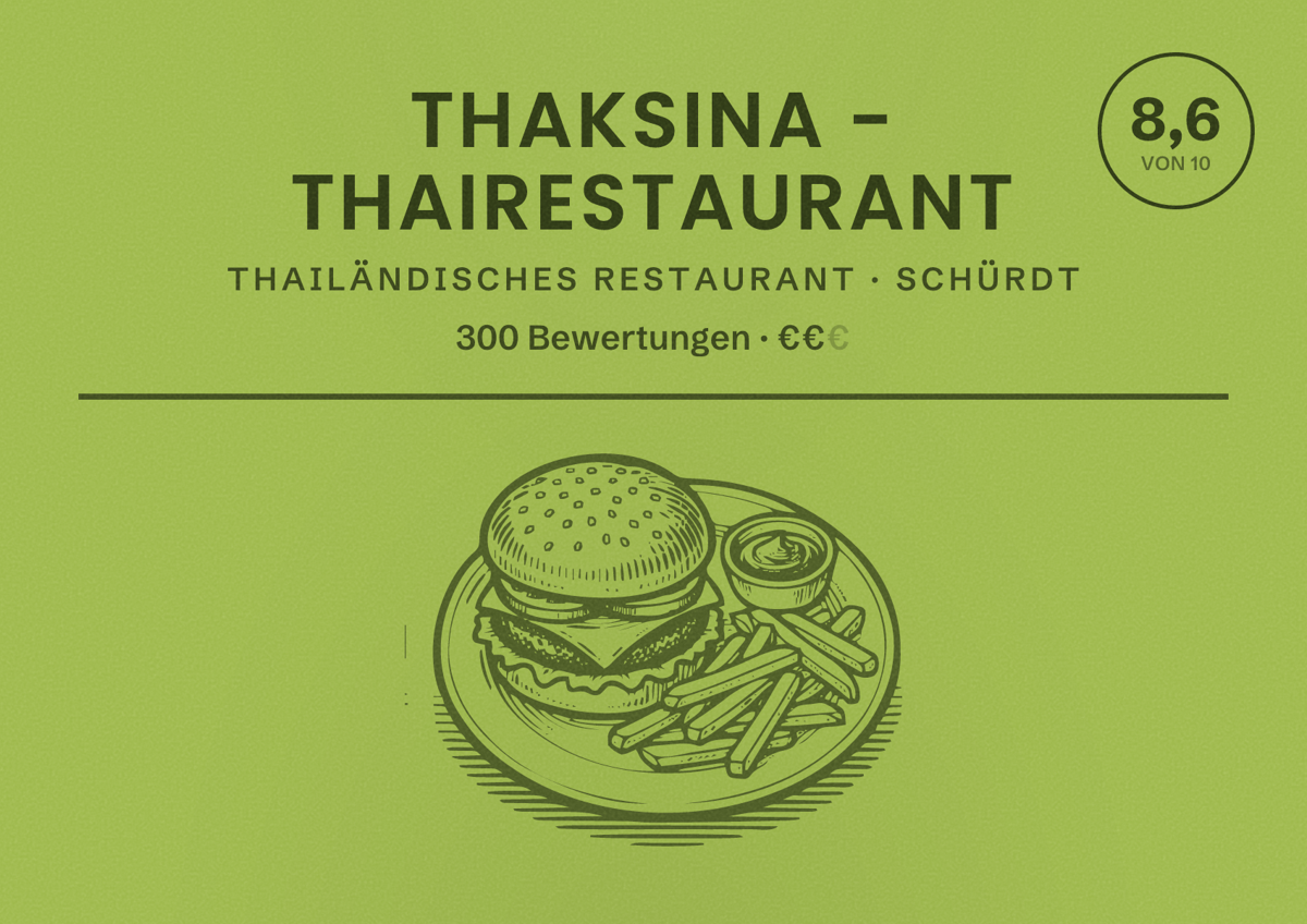 Illustriertes Poster von Thaksina - Thairestaurant, Thailändisches Restaurant in Schürdt: Bewertung 8,6 von 10 aus 300 Bewertungen, Preisniveau €€