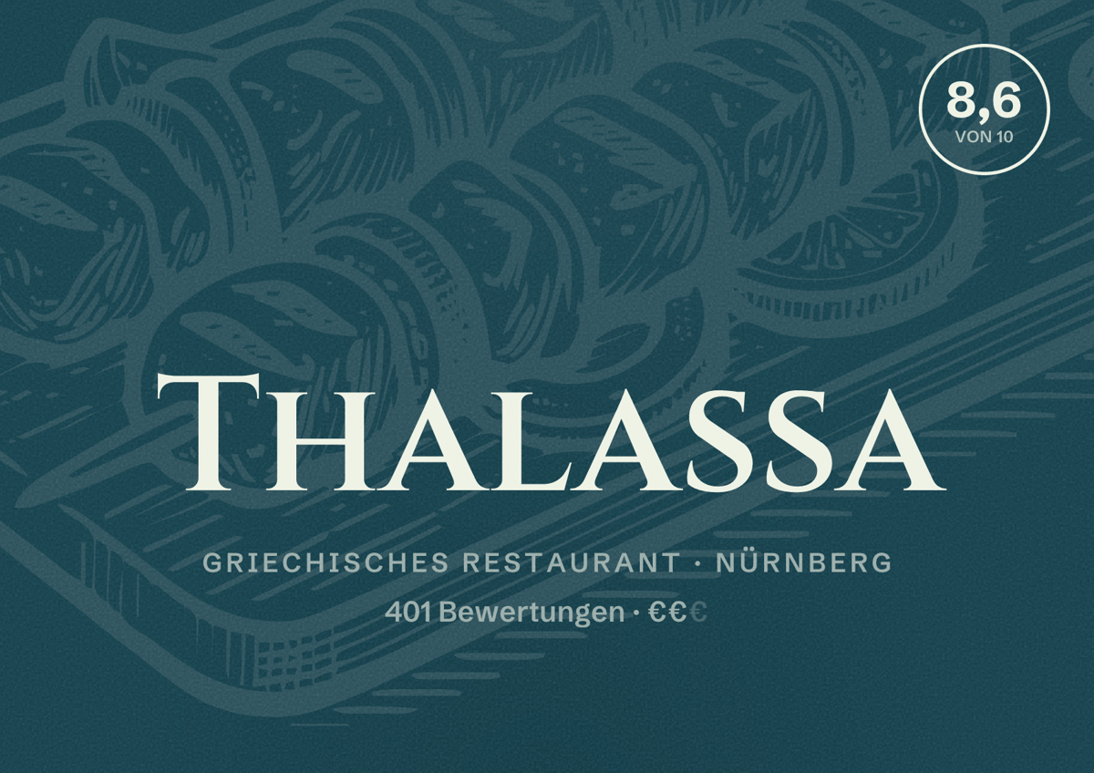 Illustriertes Poster von Thalassa, Griechisches Restaurant in Nürnberg: Bewertung 8,6 von 10 aus 401 Bewertungen, Preisniveau €€