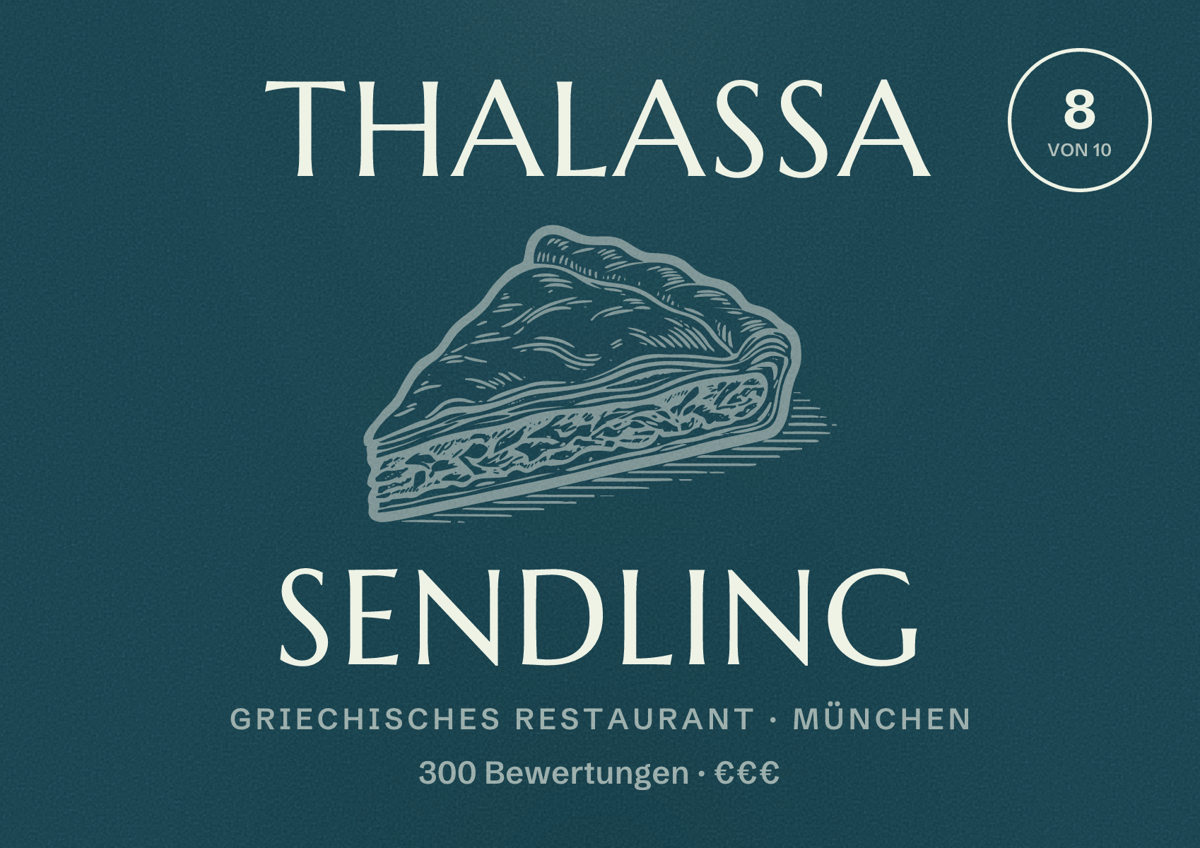 Illustriertes Poster von Thalassa Sendling, Griechisches Restaurant in München: Bewertung 8 von 10 aus 300 Bewertungen, Preisniveau €€€